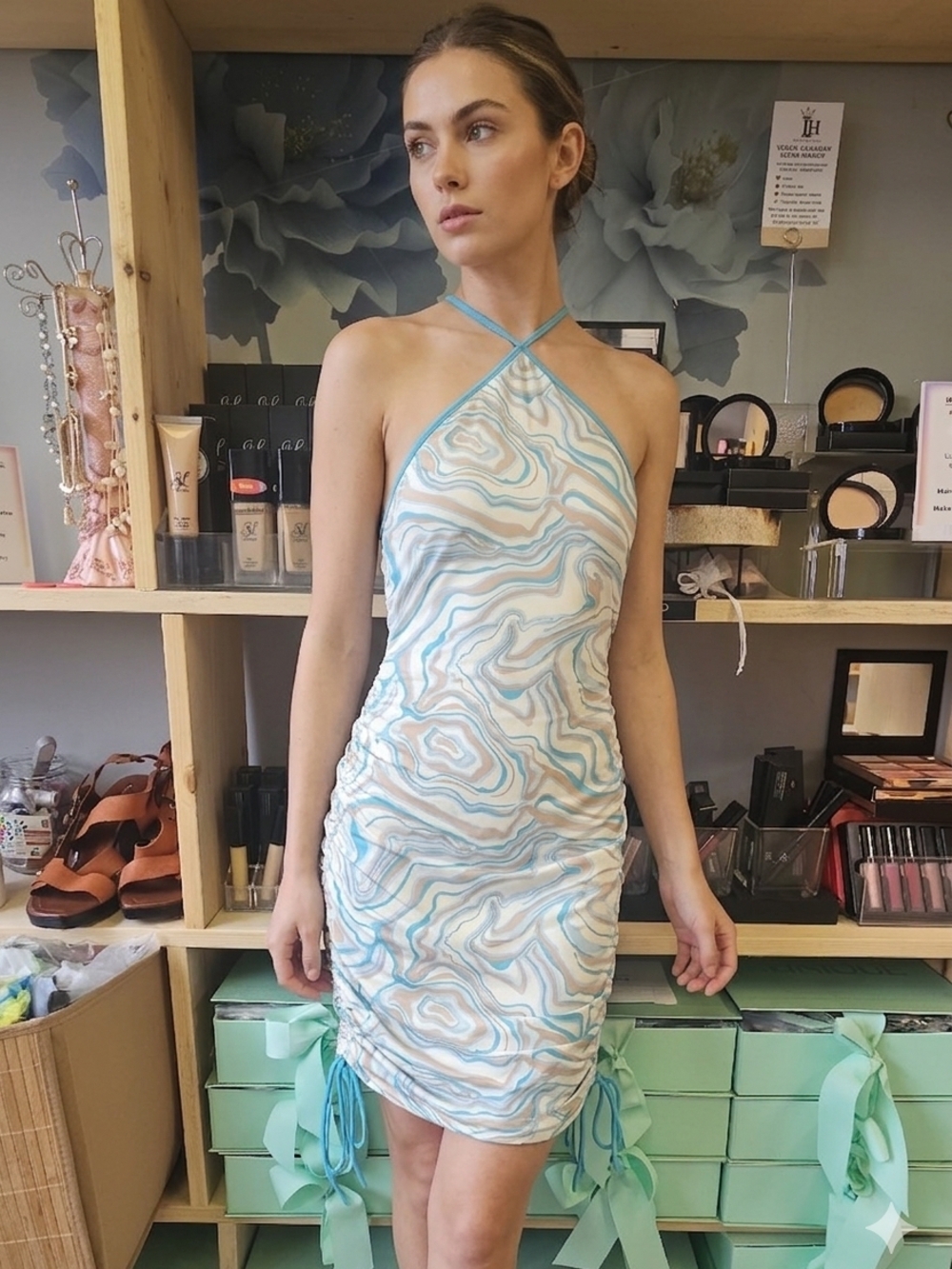 Blue and Cream Marble Halter Mini Dress